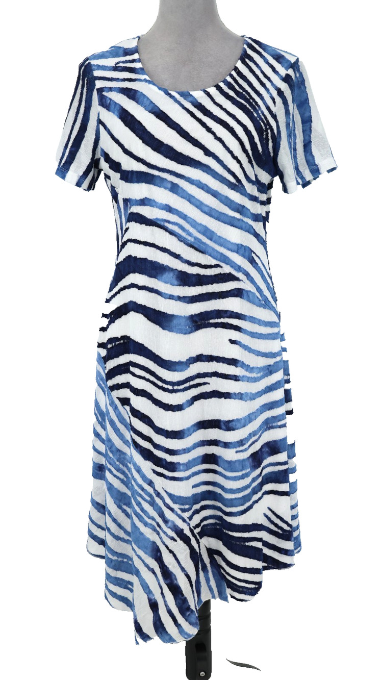 Chicos Dress 1 Womens 8 Medium White Blue Stretch Knit Lined Midi Textured